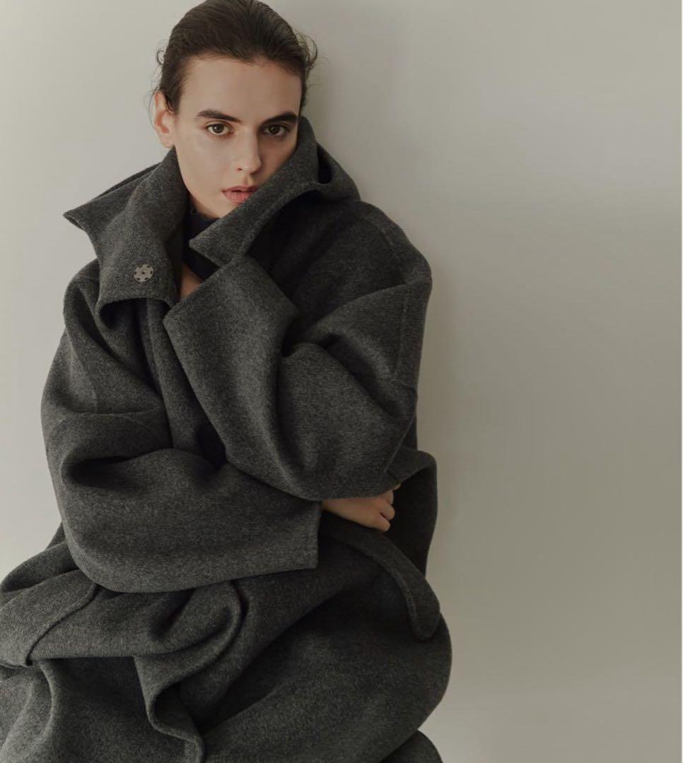 25AW♡【ルシェルブルー】フード付き ダブルフェイスロングコート グレー 36