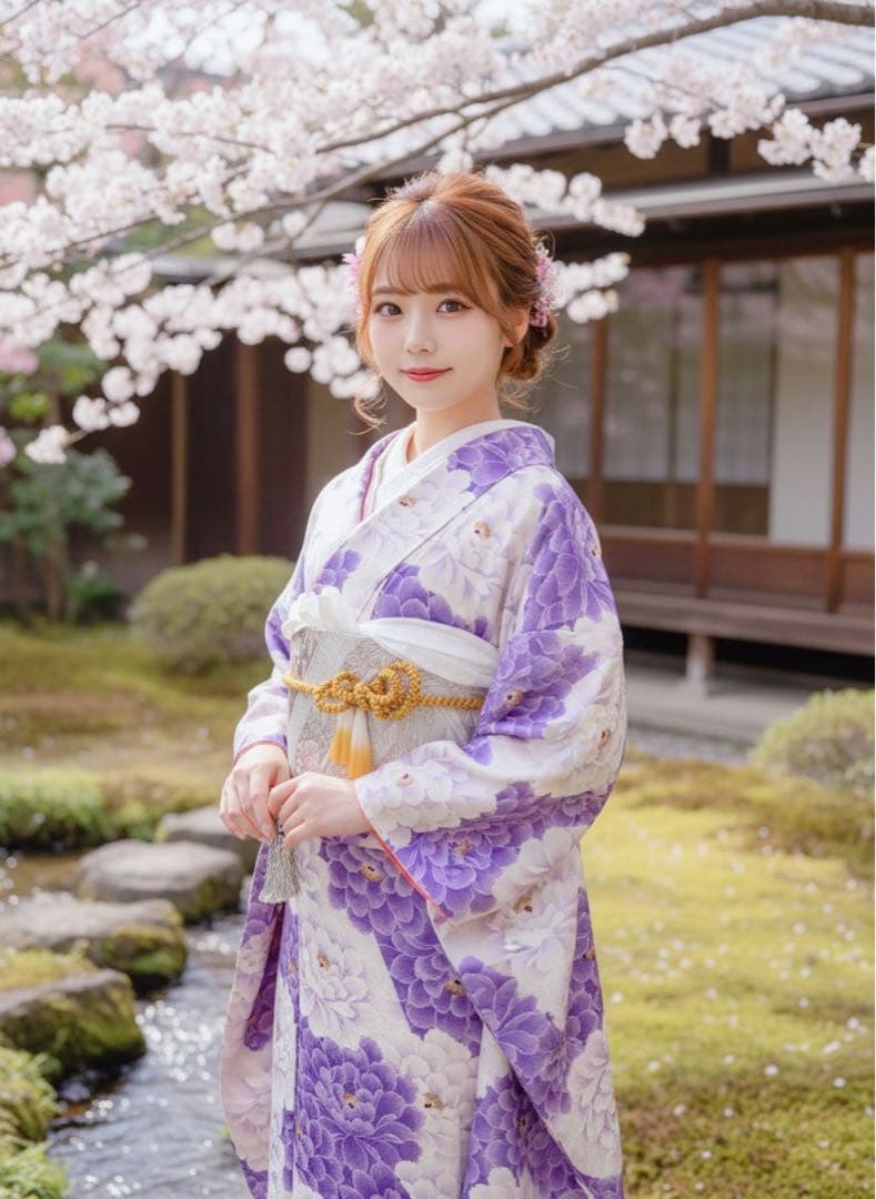 正絹振袖フルセット　牡丹　紫　淡い色　大輪花柄　成人式