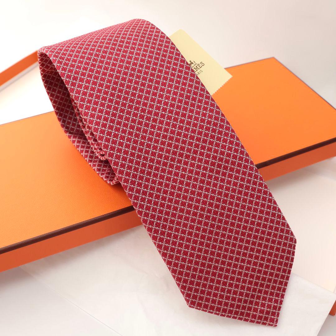 未使用 エルメス HERMES レッド チェック柄 ネクタイ