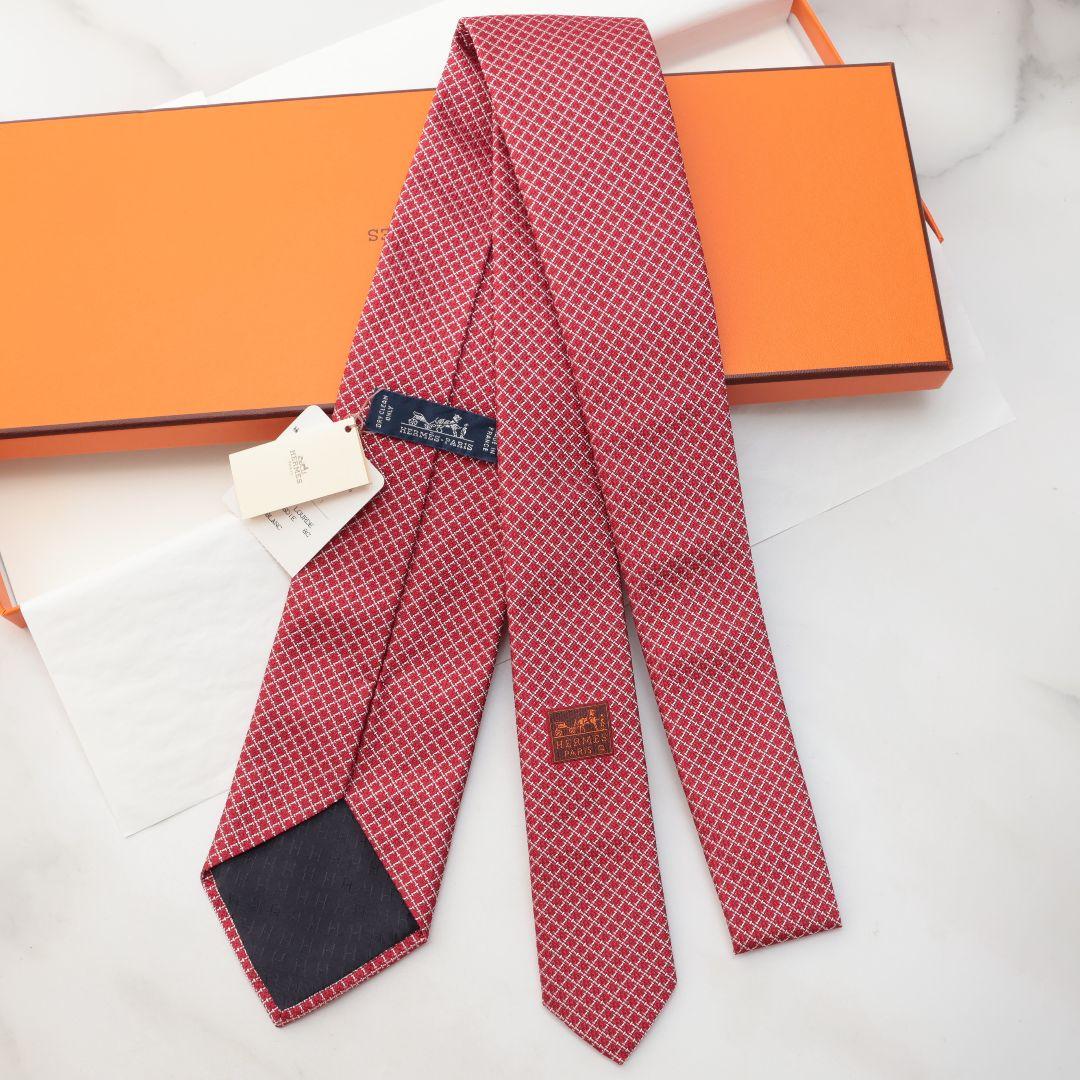 未使用 エルメス HERMES レッド チェック柄 ネクタイ