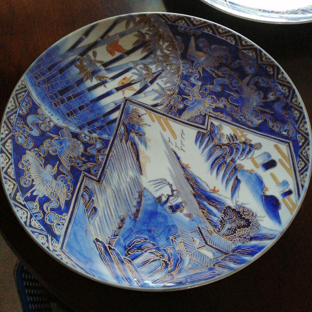 伊万里　ヤマトク　金彩染付大皿　2枚　46cm　明治～大正期