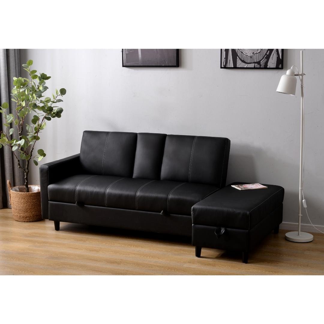 ソファー 3人掛け ソファ 多機能ソファベッド 収納機能 引き出し 【ブラック】