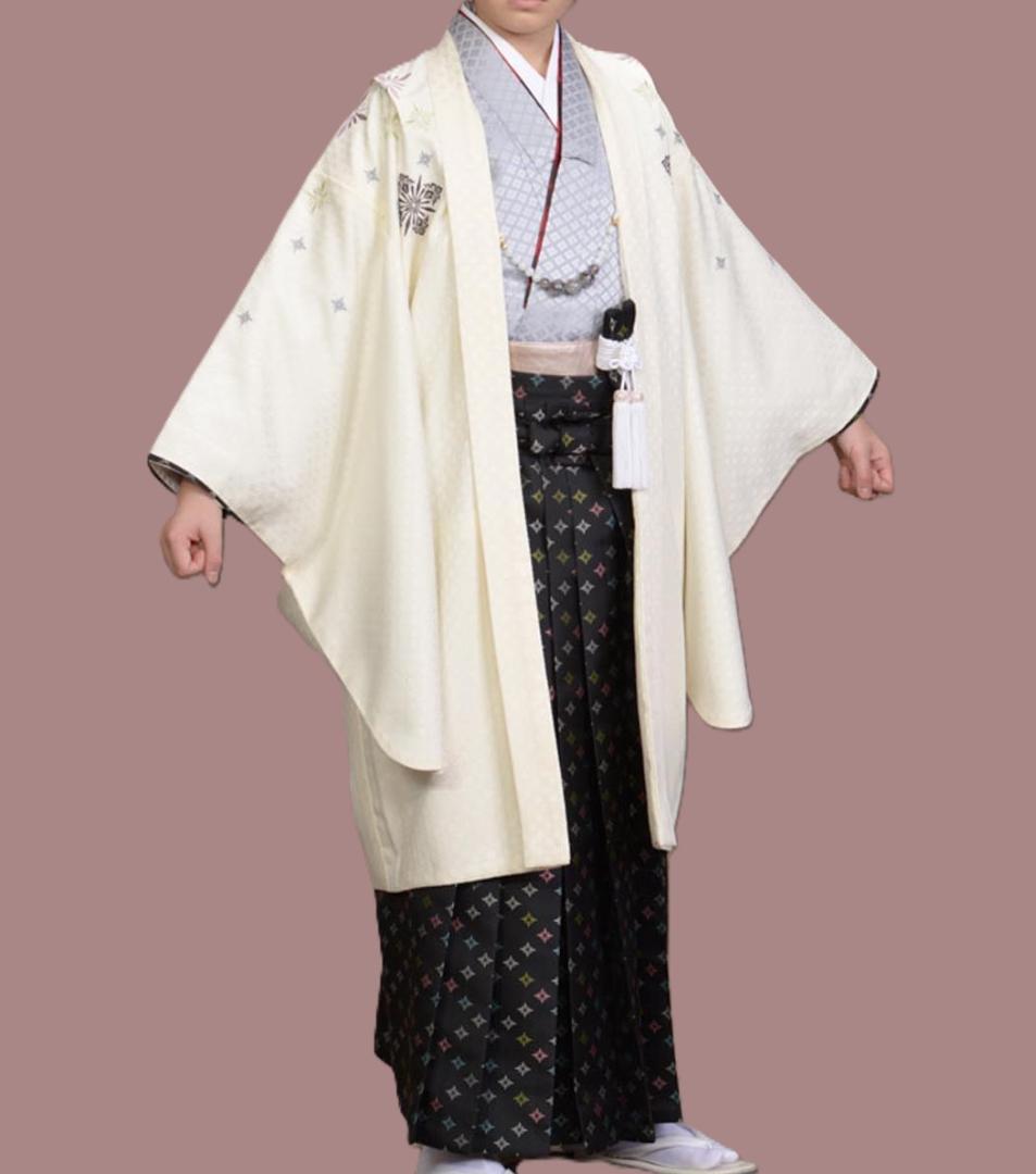 卒業袴小学生男の子　羽織　着物　袴　７点セット【黒柄袴】