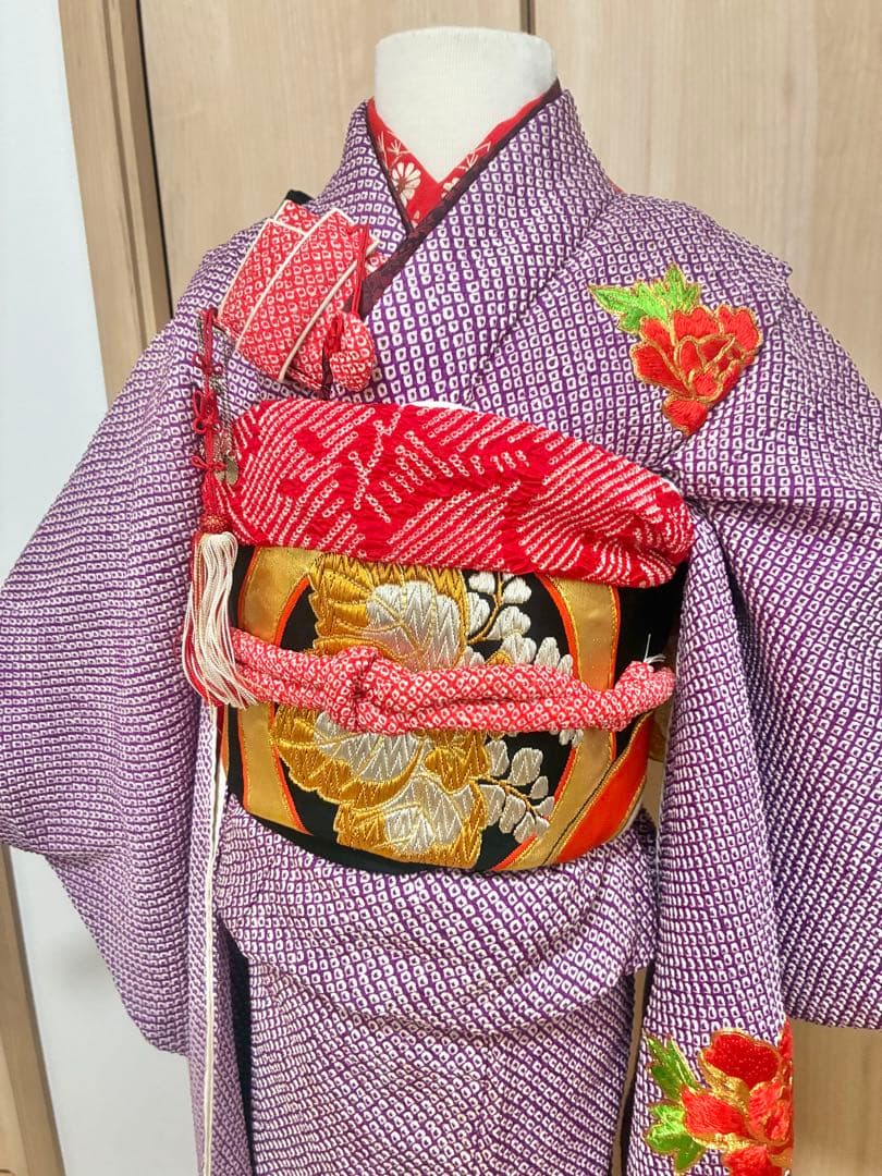 七五三 七歳女の子 着物 紫 総絞り　刺繍入り 着物セット