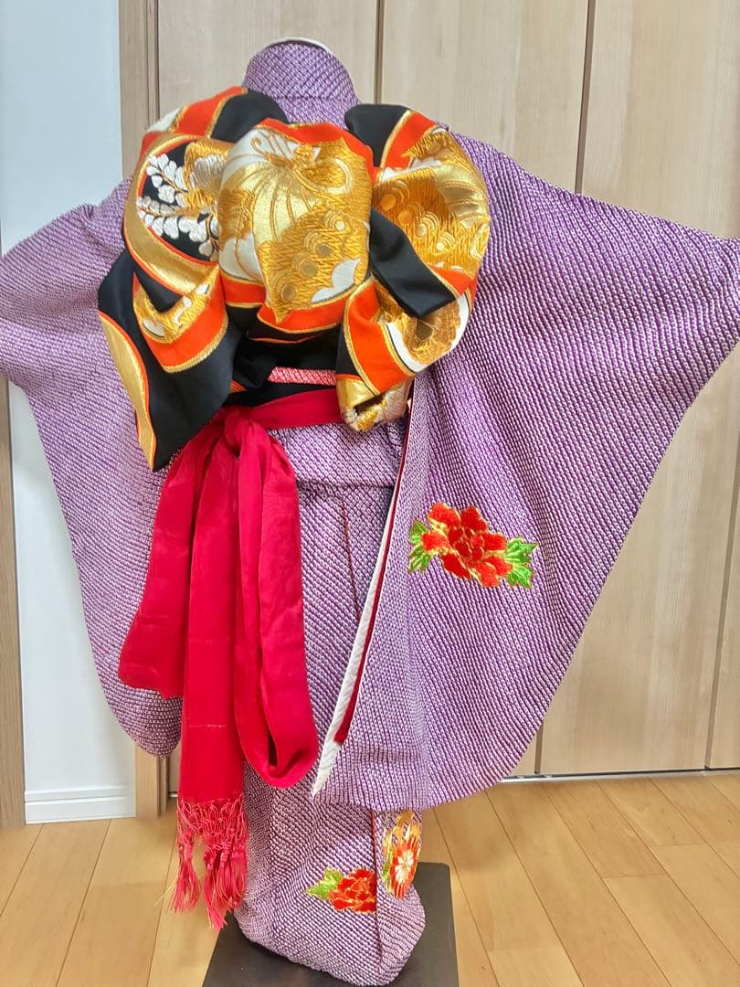 七五三 七歳女の子 着物 紫 総絞り　刺繍入り 着物セット