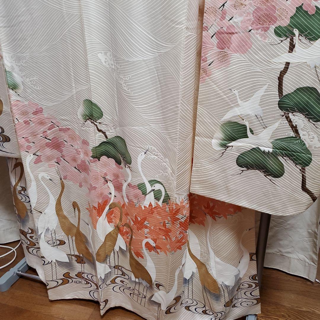 パンダ子様占用　振袖と長襦袢のみ(67)　　正絹　生成り色　鶴　松　梅　紅葉