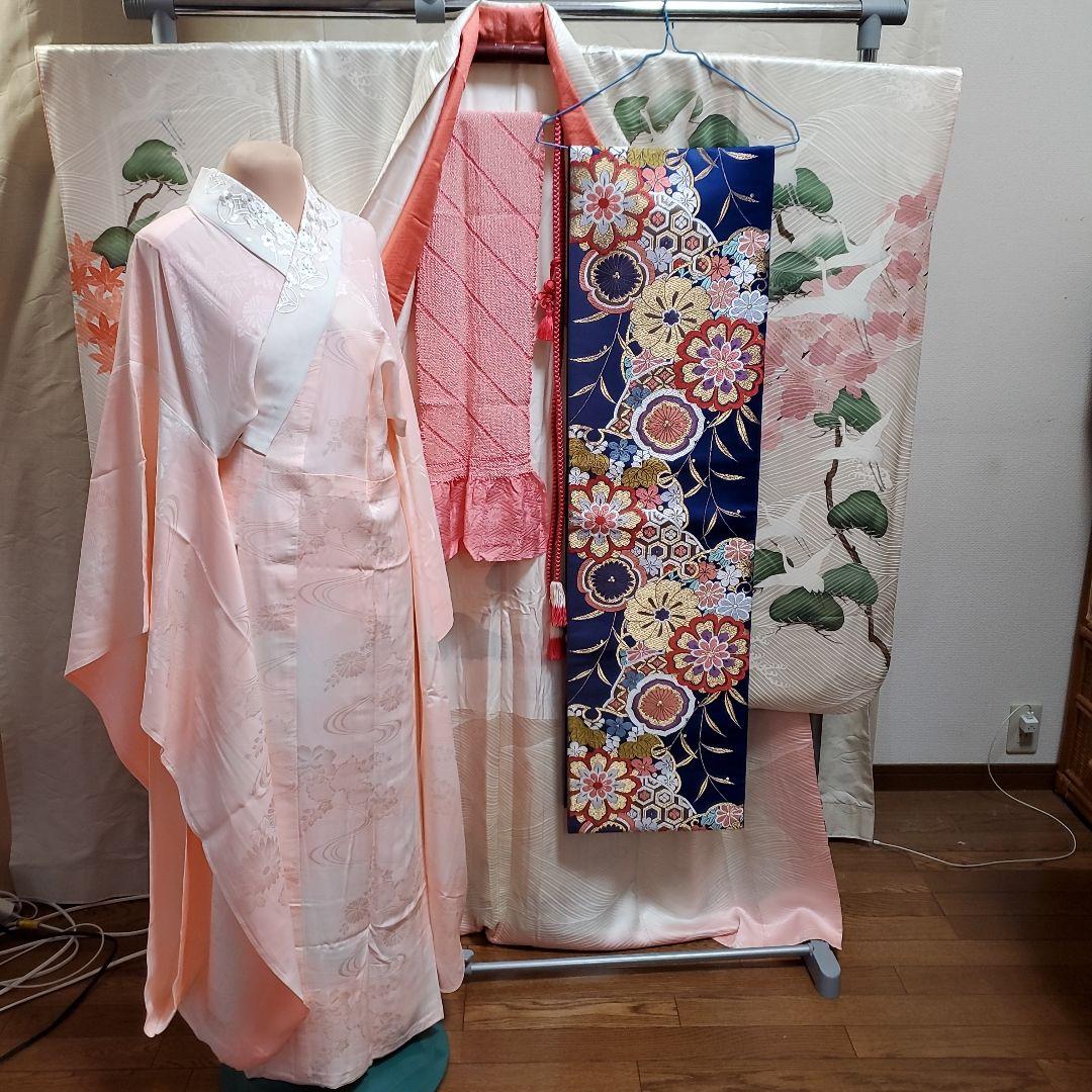 パンダ子様占用　振袖と長襦袢のみ(67)　　正絹　生成り色　鶴　松　梅　紅葉