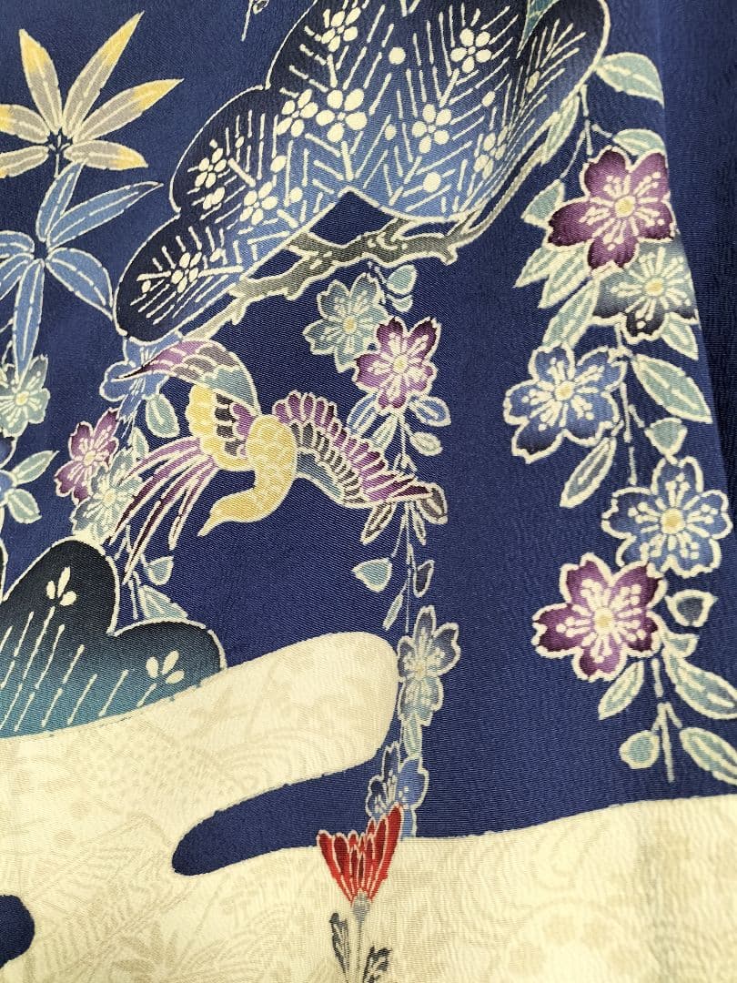 加賀友禅振袖　正絹　藍色　美品　縁起良い柄　成人式　長襦袢つき