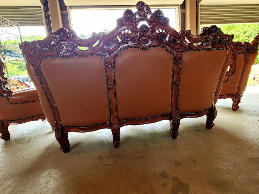 お話し中ですロココ調子アンティーク革製ソファテーブルセットヴィンテージ古道具