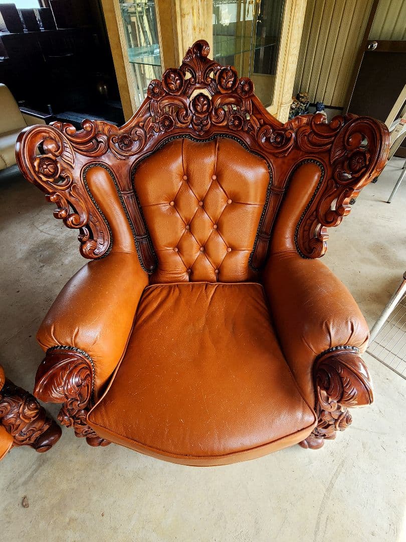 お話し中ですロココ調子アンティーク革製ソファテーブルセットヴィンテージ古道具