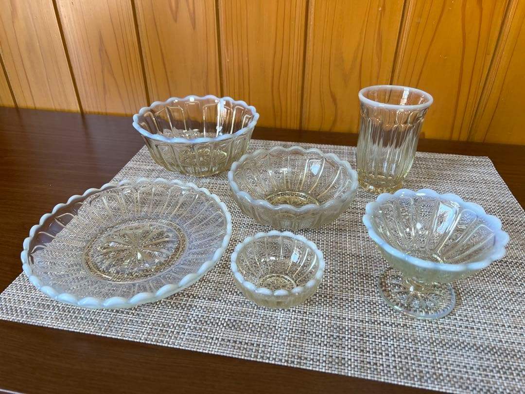 廣田硝子　雪の花　古代色　アンティーク　厚手ガラス食器　レトロセット　美品