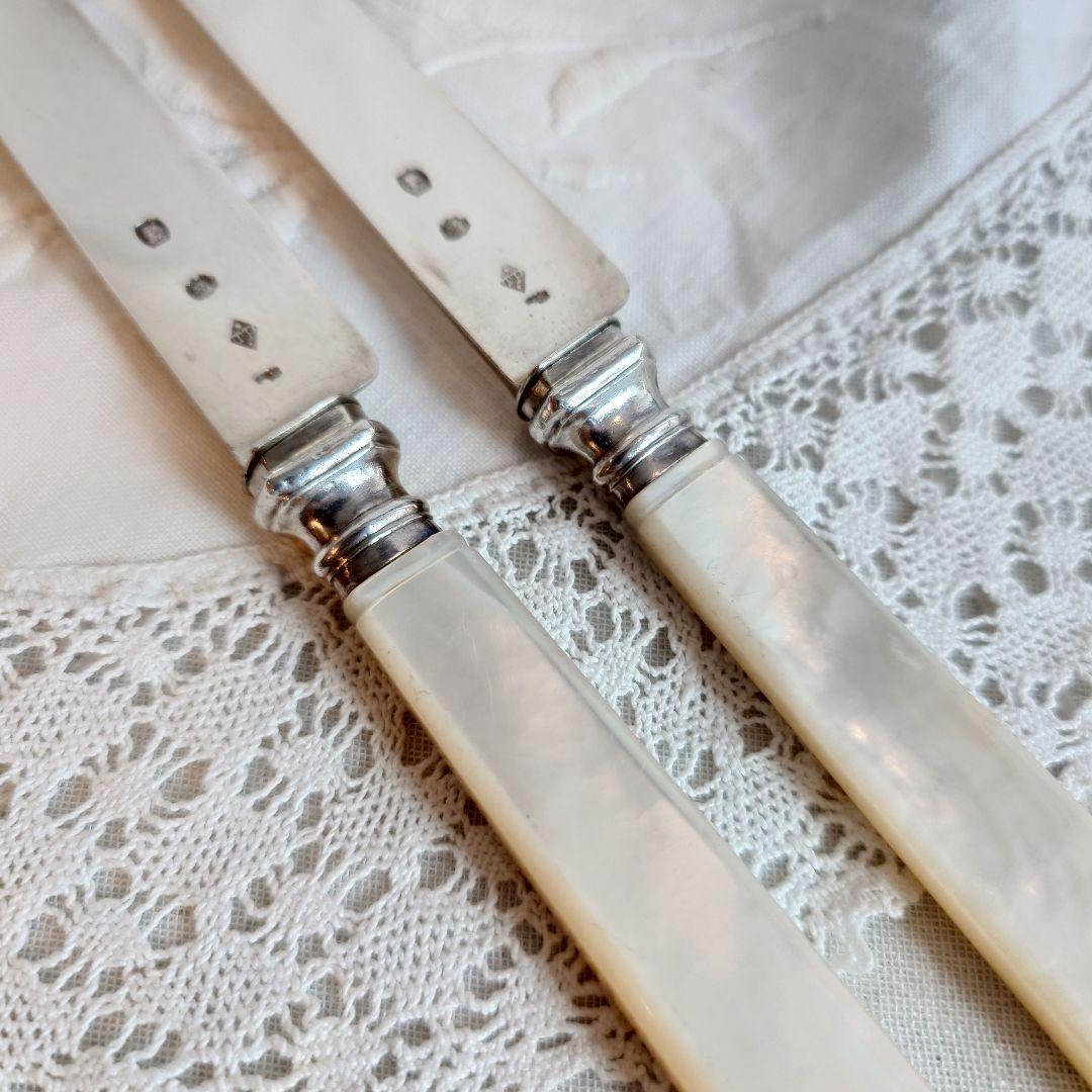 フランス製　純銀　シルバー800 ティーナイフ　マザーオブパール　白蝶貝　2本組