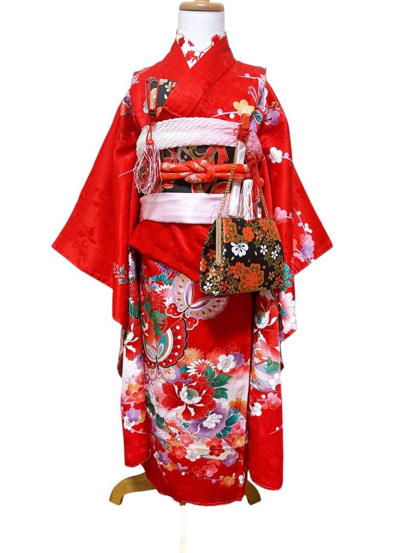 王道!!正絹赤系♡七五三　7歳　女の子　フルセット　一式　黒