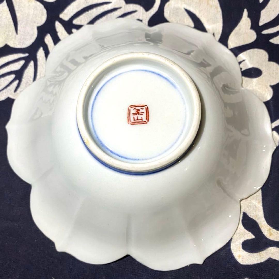 時代物・九谷焼　美山窯　百合形輪花皿　小鉢・向付　呉須手描き百合柄　五客組