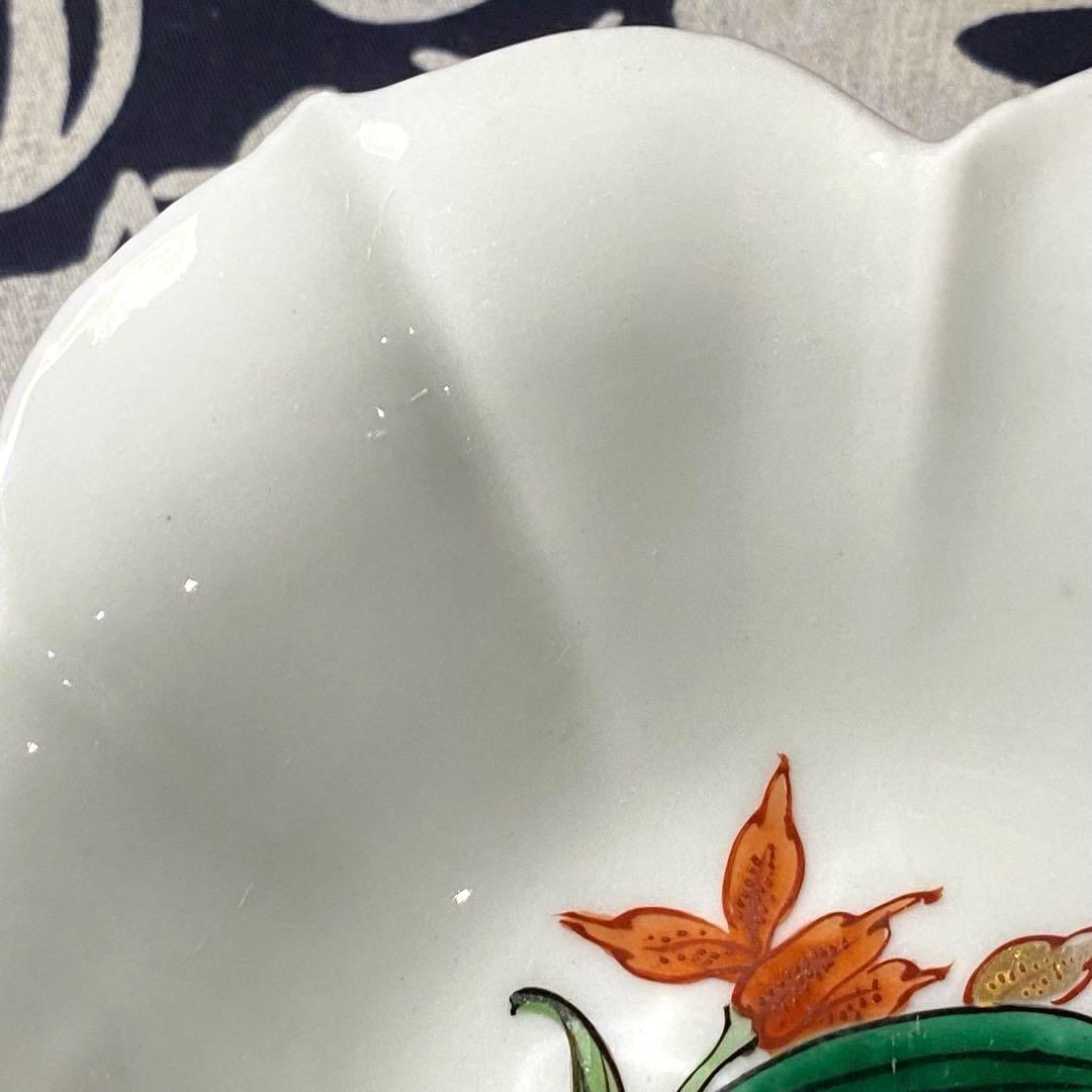 時代物・九谷焼　美山窯　百合形輪花皿　小鉢・向付　呉須手描き百合柄　五客組