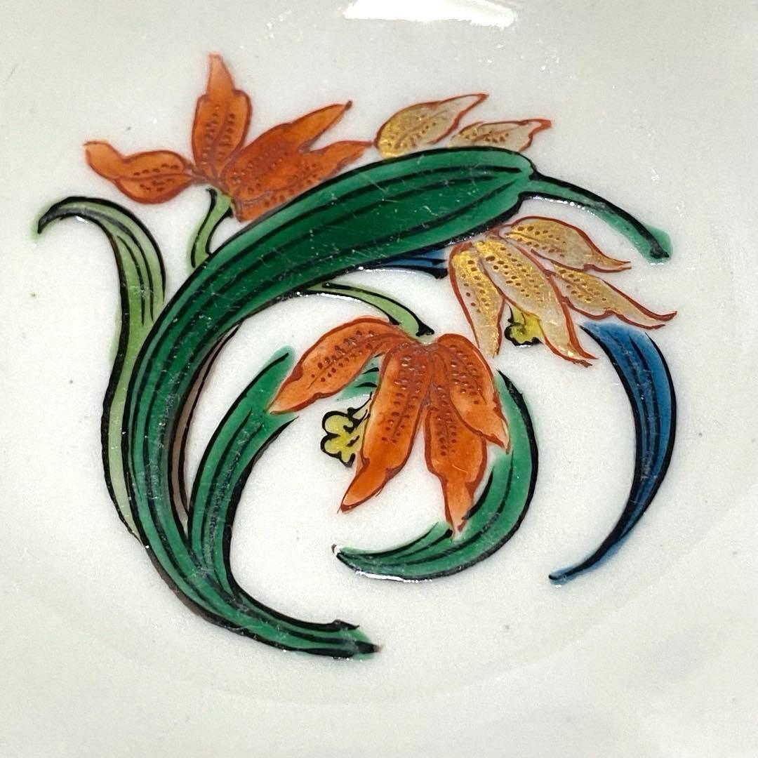 時代物・九谷焼　美山窯　百合形輪花皿　小鉢・向付　呉須手描き百合柄　五客組