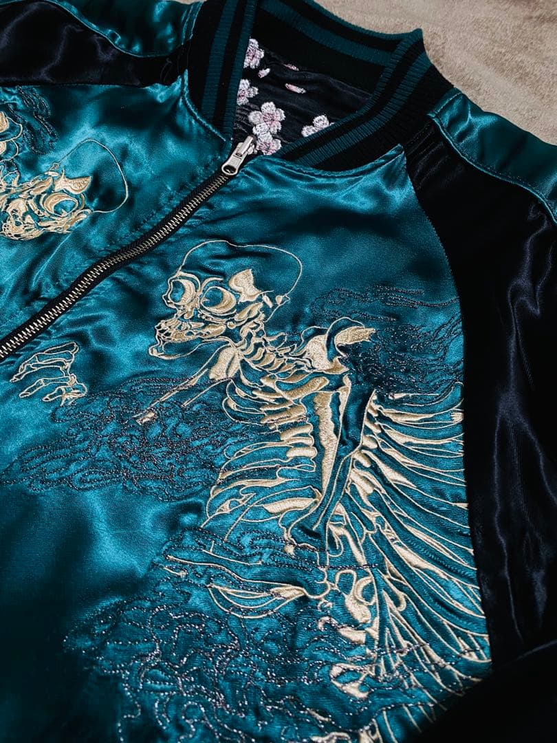２面用 絡繰魂 骸骨 桜 日本限定 スカジャン unisex レーヨン グリーン