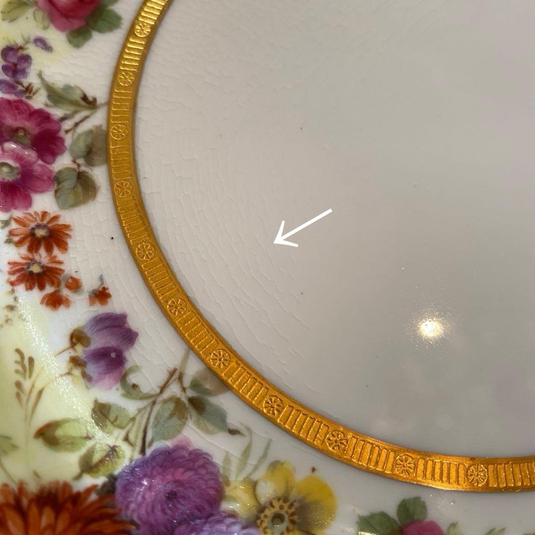 【古ロイヤルドルトン】金彩 手描き皿 ２枚セット「幅広帯にブーケ／コラモア特注」