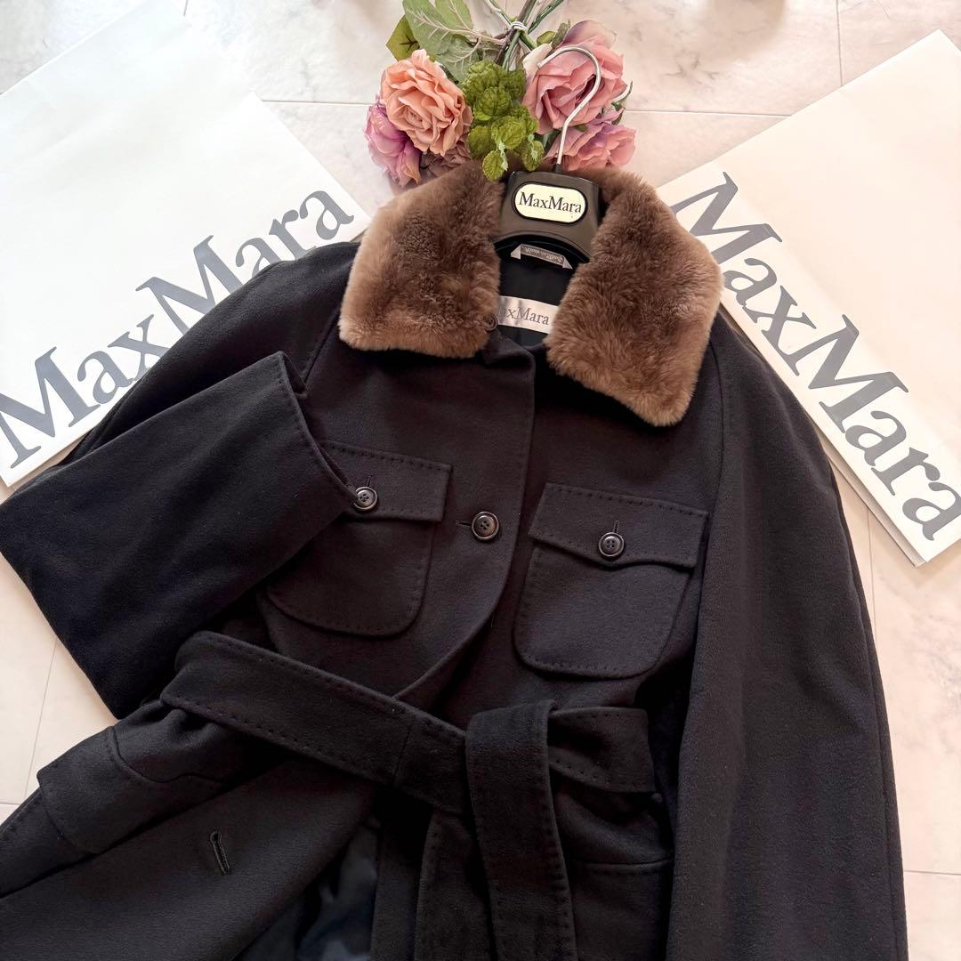 美品★マックスマーラ 白タグ カシミヤ混ベルテッドコート 取外可ファー襟 40