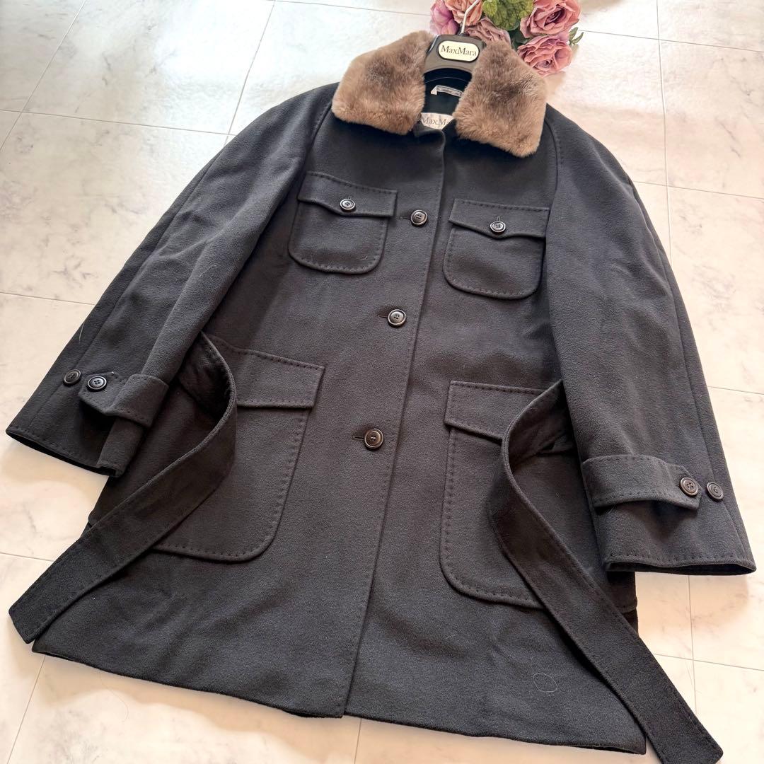 美品★マックスマーラ 白タグ カシミヤ混ベルテッドコート 取外可ファー襟 40