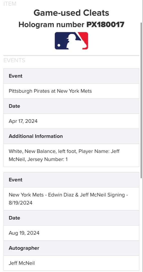 Jeff McNeil ゲーム実使用サイン入りシューズ　MLB