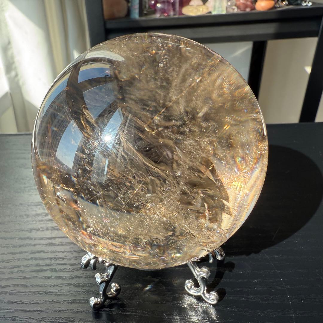 天然石ルチルクォーツ共生スモーキークォーツのスフィア　丸玉NO.100914