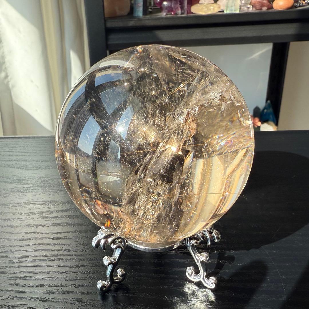 天然石ルチルクォーツ共生スモーキークォーツのスフィア　丸玉NO.100914