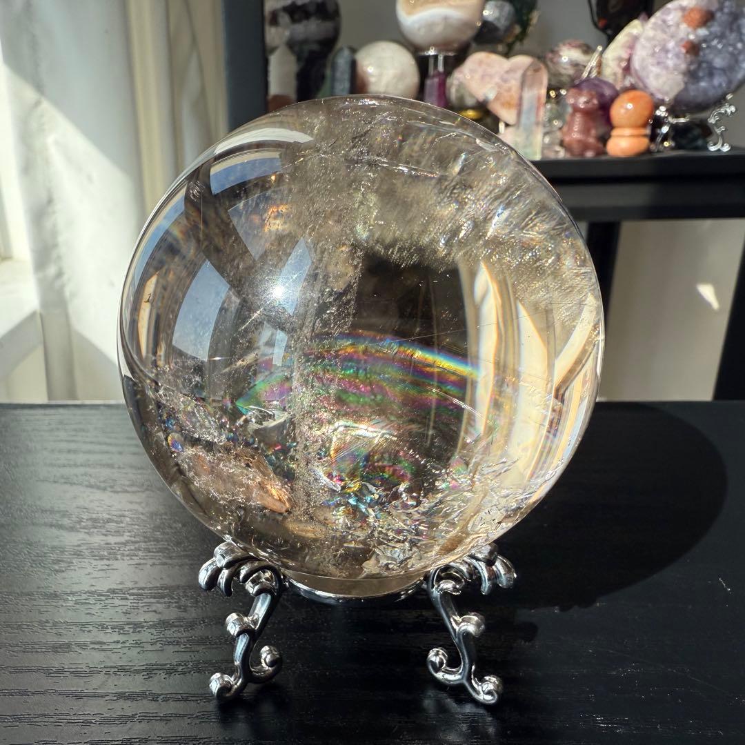 天然石ルチルクォーツ共生スモーキークォーツのスフィア　丸玉NO.100914