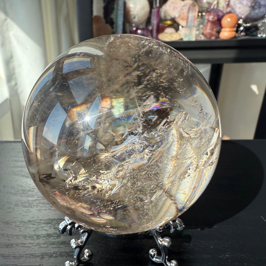 天然石ルチルクォーツ共生スモーキークォーツのスフィア　丸玉NO.100914