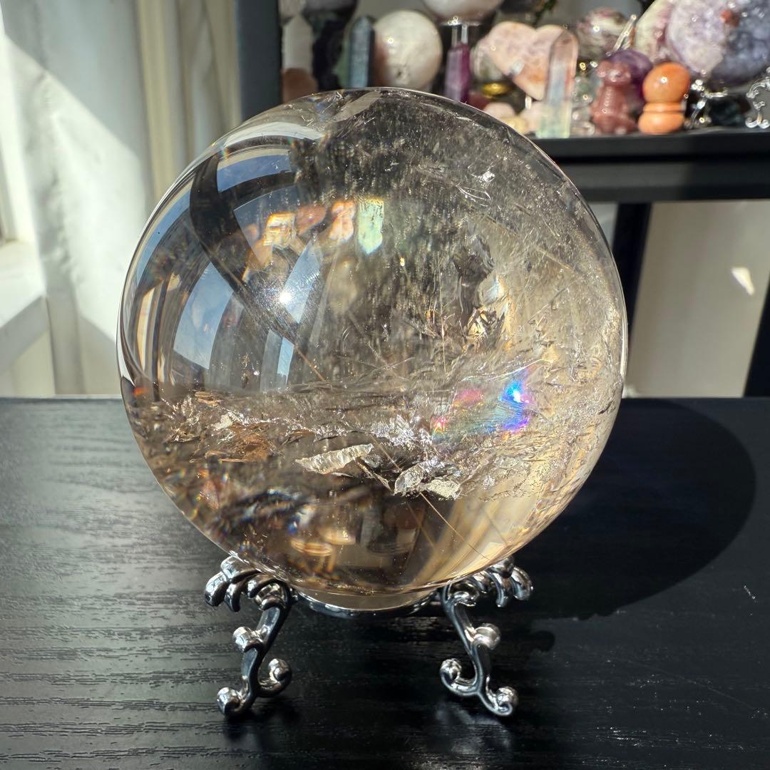 天然石ルチルクォーツ共生スモーキークォーツのスフィア　丸玉NO.100914