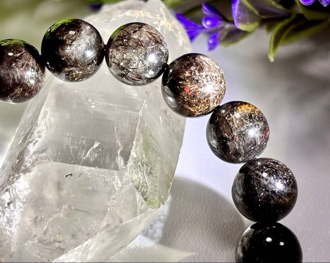 究極品質　幻のリアルブラックルチルクォーツのブレス　二酸化チタン針　12.2㎜