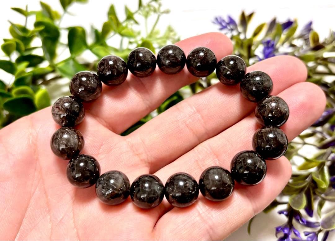 究極品質　幻のリアルブラックルチルクォーツのブレス　二酸化チタン針　12.2㎜