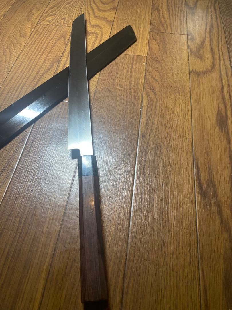 V金本焼 先丸タコ引包丁 和包丁 本焼 反り有り　刃渡り　尺一　 鏡面 鞘