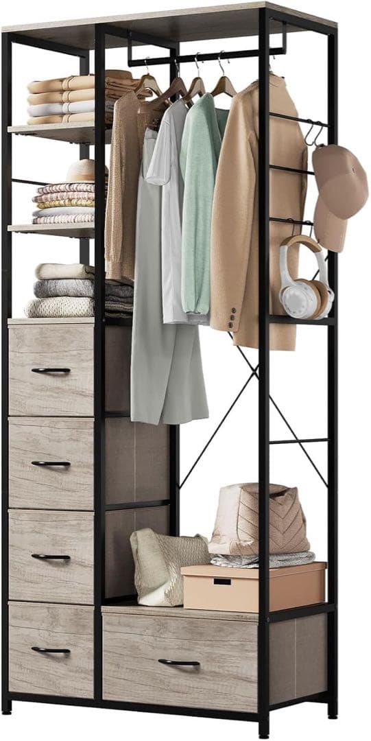 ハンガーラック 引き出し付き 幅80奥行40高さ183cm 棚板は可動式 収納