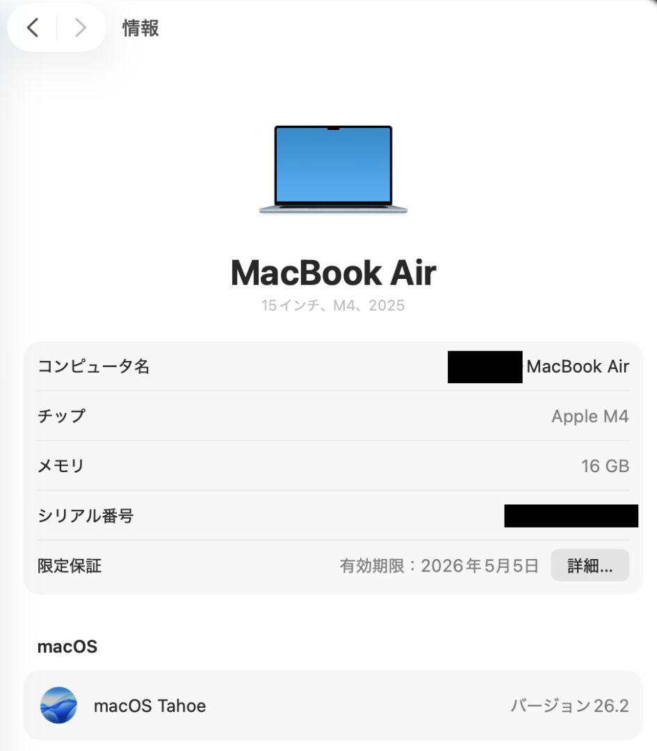 【美品】MacBook Air 15インチ M4 16GB スカイブルー