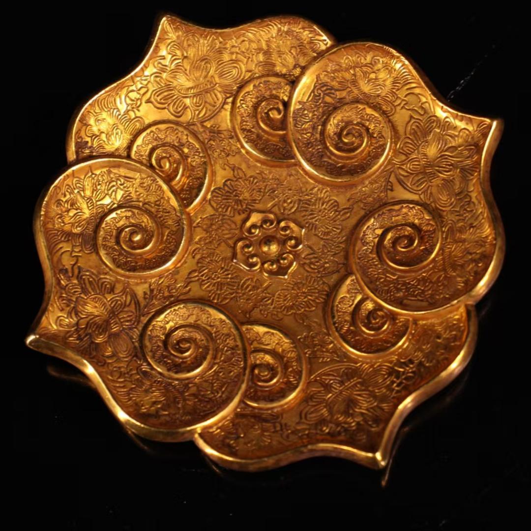 中国古美術『旧蔵 鍍金銅皿』純銅手作り 小盤 極細工 古銅器 置物 擺件 時代物