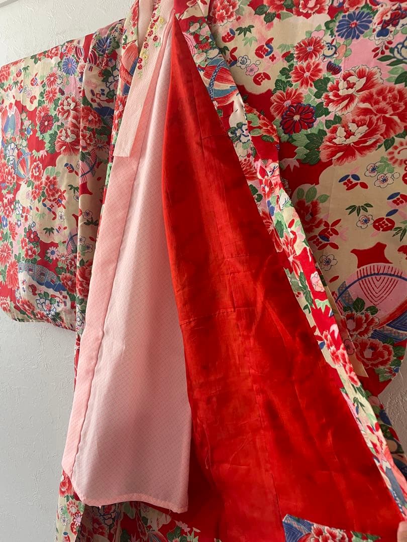 七五三　3歳　アンティークお着物セット　総絞りの被布コーデ　ハンドメイド　巾着