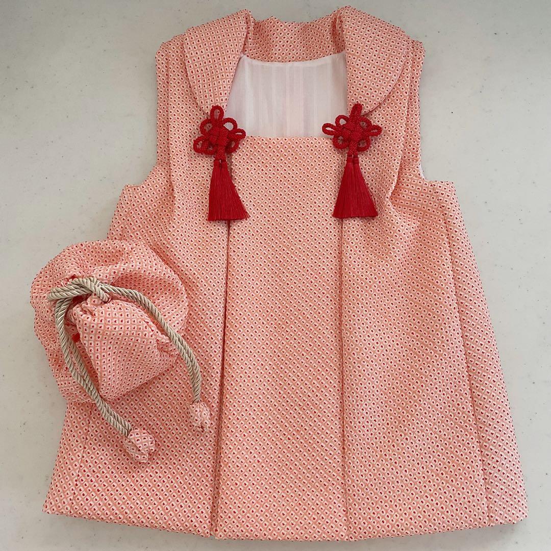 七五三　3歳　アンティークお着物セット　総絞りの被布コーデ　ハンドメイド　巾着