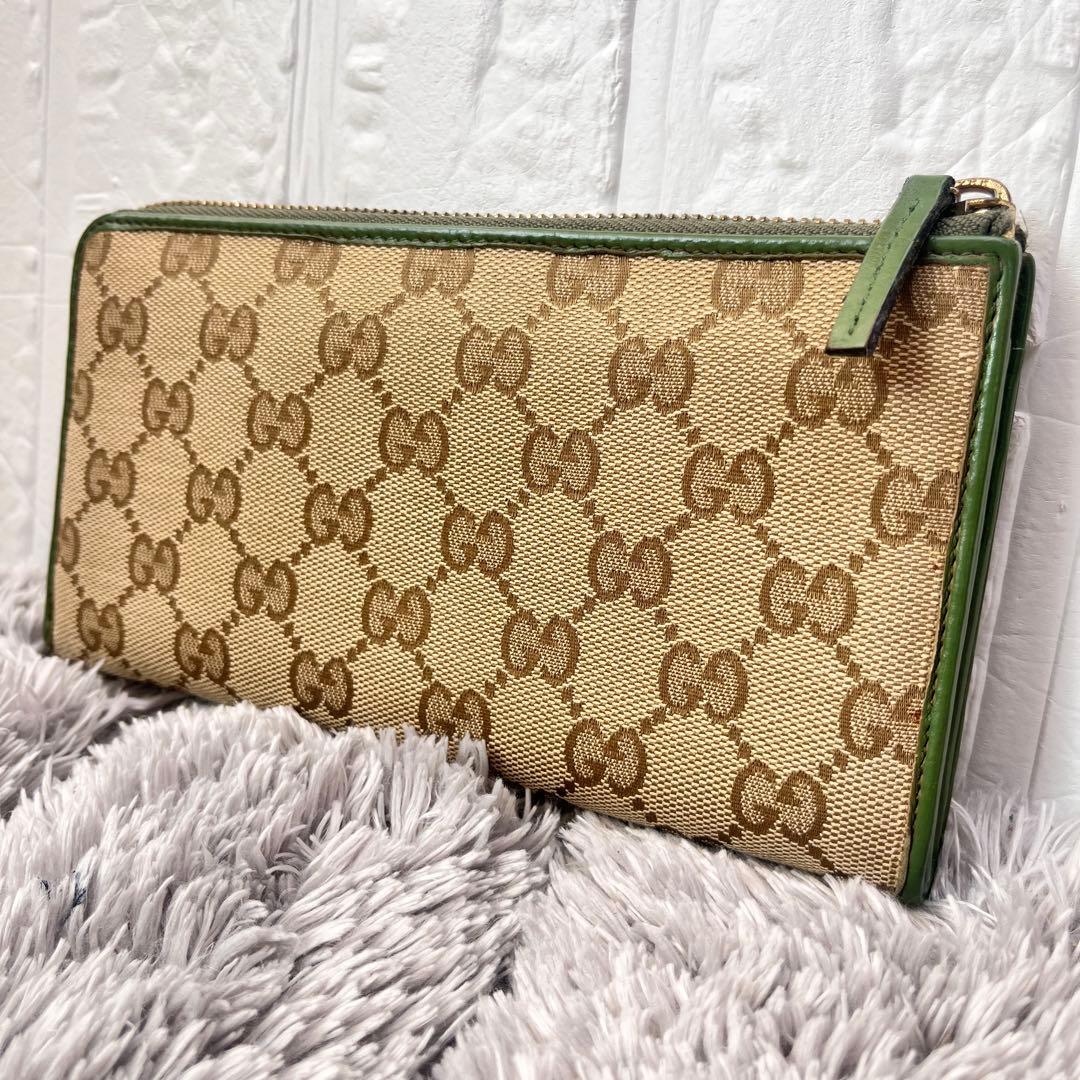 GUCCI ✨GGキャンバス　L字ファスナー　グリーン　長財布　ラウンドジップ