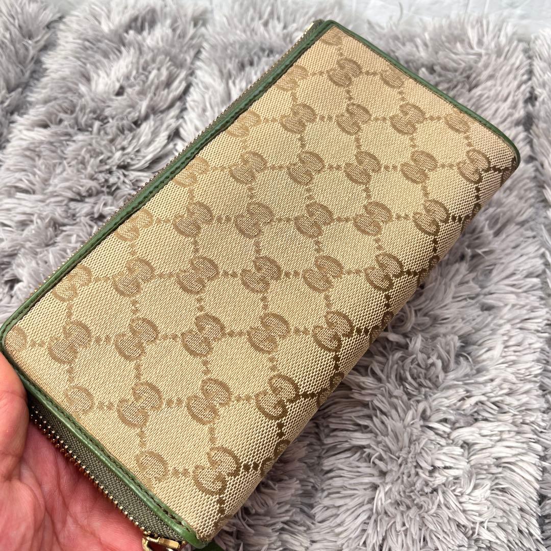 GUCCI ✨GGキャンバス　L字ファスナー　グリーン　長財布　ラウンドジップ