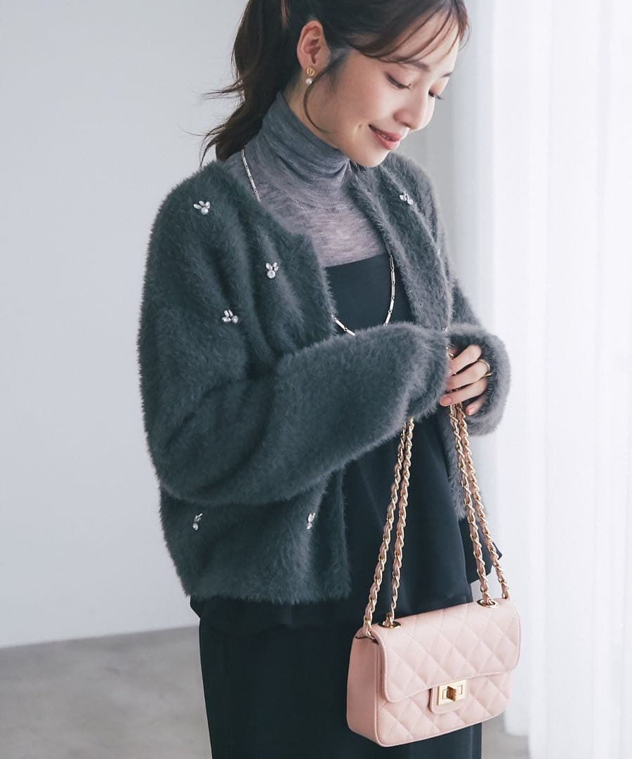 ※ななな※フェザーヤーンビジュー刺繍ジャケットカーディガン