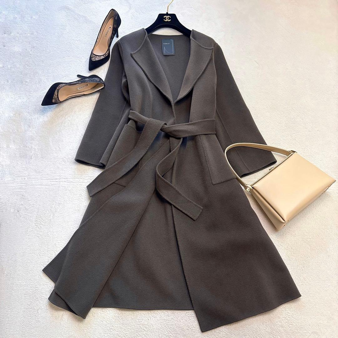 【美品✨️ウール】ノーブル リバーノーカラーコート ロングコート ブラウン 36