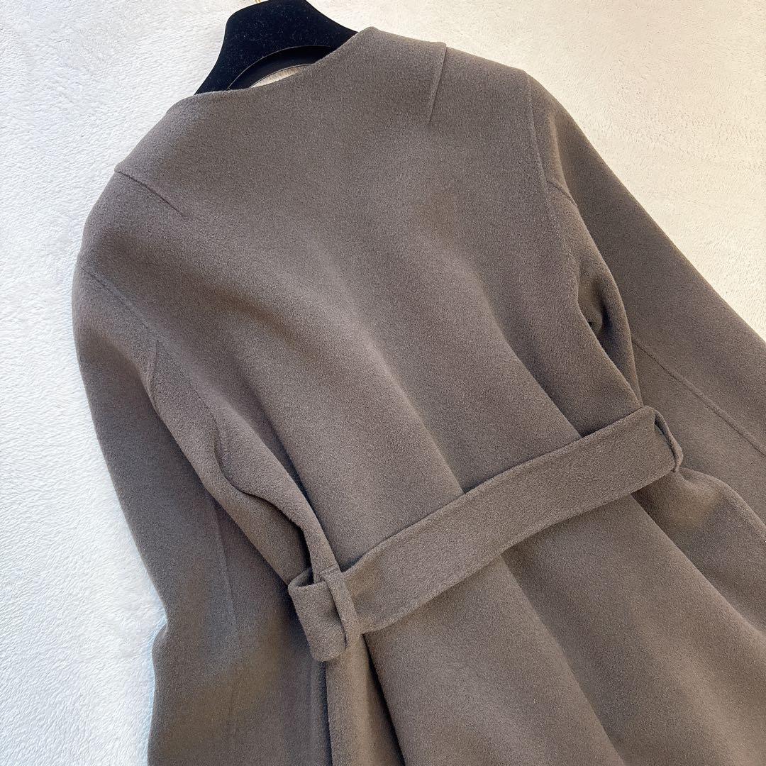 【美品✨️ウール】ノーブル リバーノーカラーコート ロングコート ブラウン 36