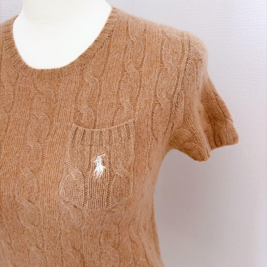 ラルフローレン　ケーブルニット　刺繍ロゴ　カシミヤ　ウール　半袖ニット　ベージュ