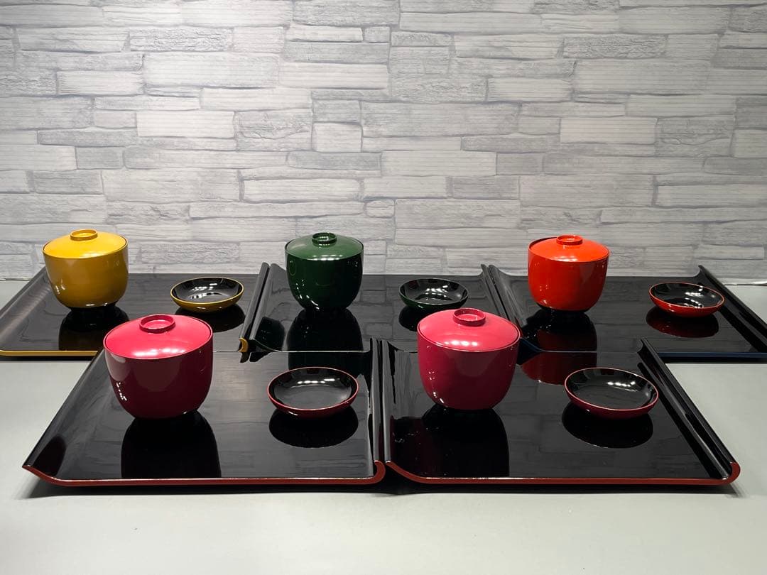 輪島塗　おしるこ椀　吸物椀　小皿　盆　八寸　5客セット　薄手　ポップな色味