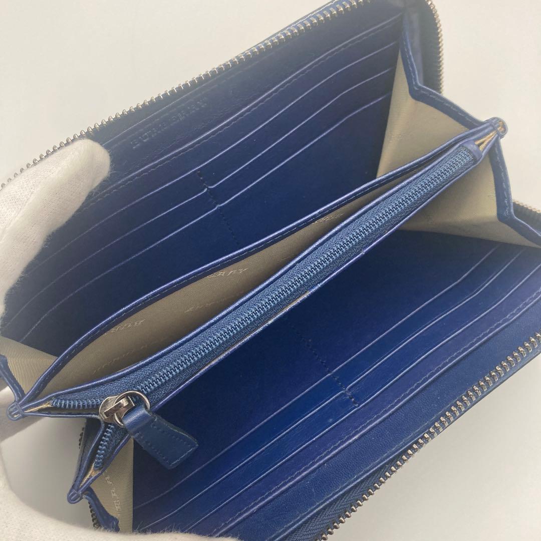 ✨極美品✨ バーバリー ラウンドジップ 長財布 レザー ネイビー チェック柄
