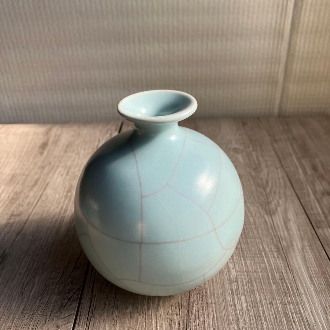 3F 【極美品】青磁 貫入 丸花入 妙心寺 推進 銘あり 桐箱入 茶道具 花瓶