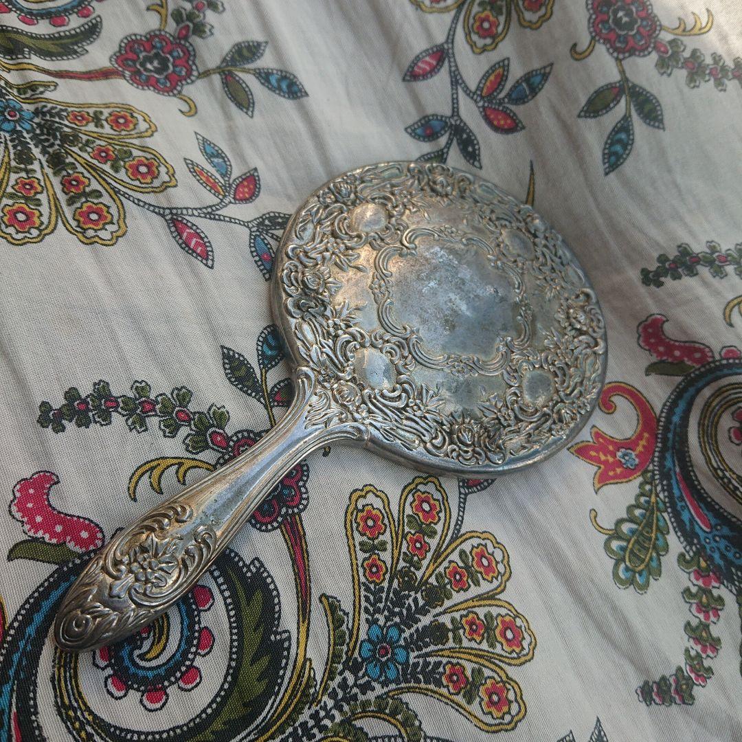 アンティーク 銀メッキ 手鏡 花柄