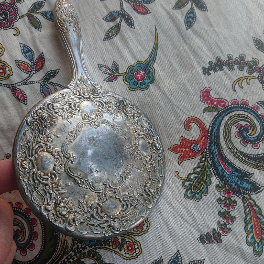 アンティーク 銀メッキ 手鏡 花柄