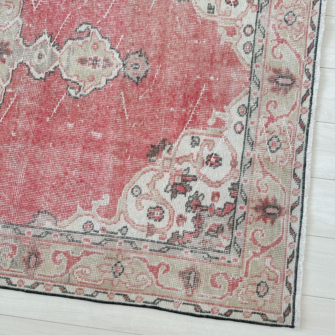 トルコヴィンテージラグ A91 レア コーラルピンク ベージュ ブルーグレー